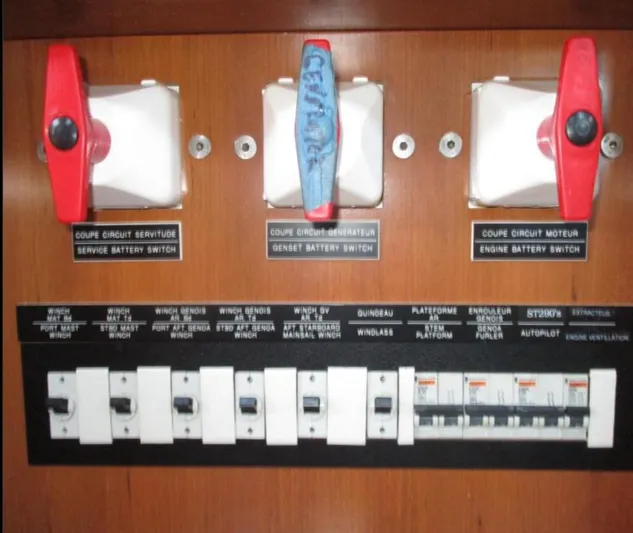  Yacht Photos Pics Electrical panel with battery switches and circuit breakers on a 2003 CNB 64 yacht.