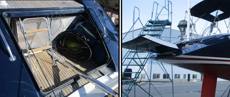  Yacht Photos Pics 2003 CNB 64 yacht with open hatch and docked exterior view.