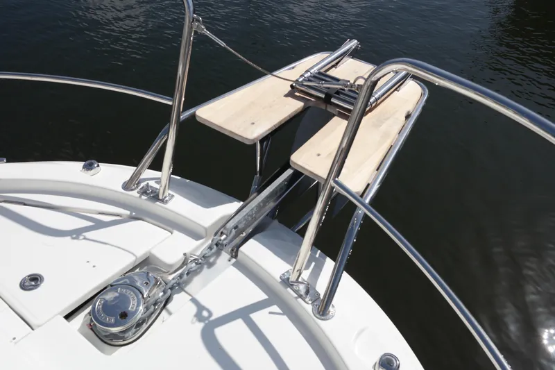 Yacht Photos Pics Bow of 2020 Jeanneau NC1095 with anchor and stainless steel railings.
