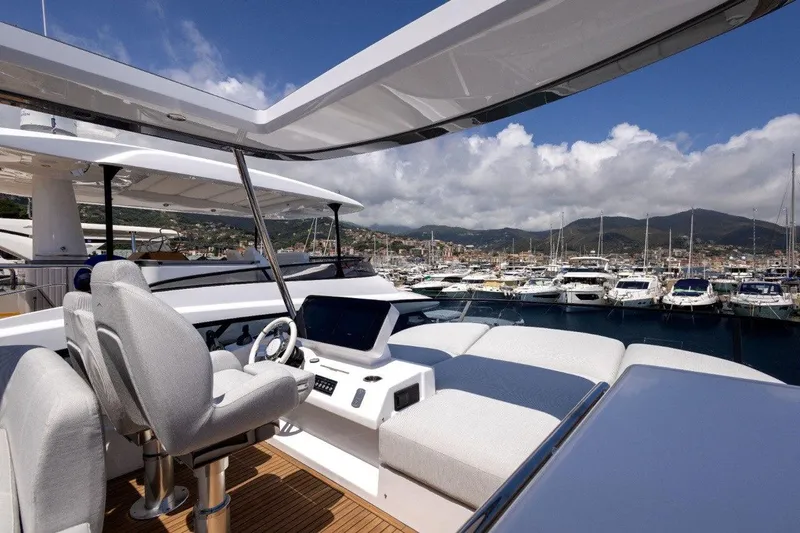  Yacht Photos Pics Luxury Azimut Fly 53 yacht interior with marina view, 2025 model.