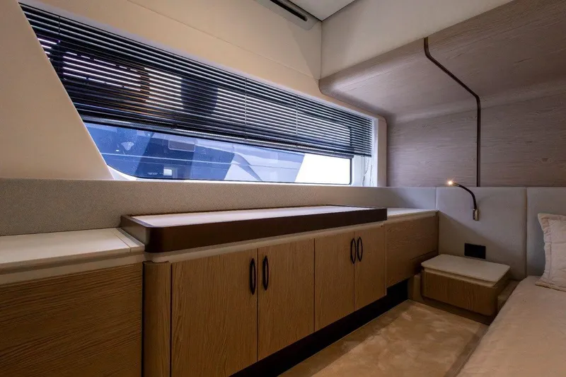  Yacht Photos Pics Luxurious interior of 2025 Azimut Fly 53 yacht with modern wood cabinetry.