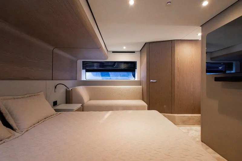  Yacht Photos Pics Luxurious interior of 2025 Azimut Fly 53 yacht with modern bedroom design.