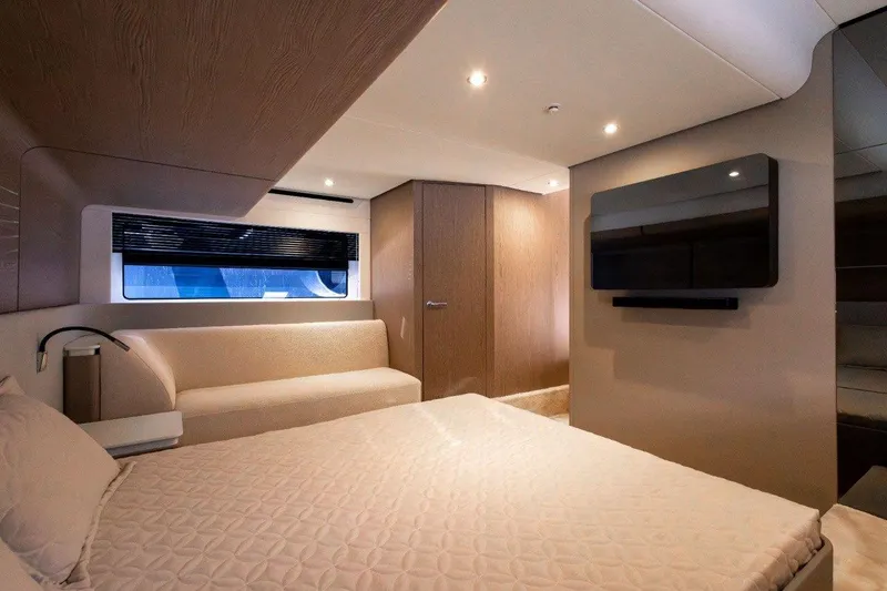  Yacht Photos Pics Luxurious interior of 2025 Azimut Fly 53 yacht with modern bedroom design.