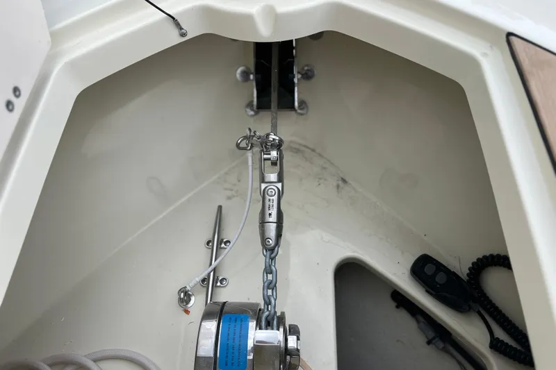  Yacht Photos Pics Anchor chain and equipment on 2025 Chris-Craft Catalina 28 boat deck.