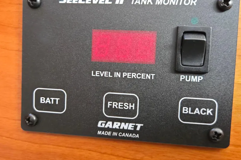 Yacht Photos Pics Seelevel II tank monitor panel on 2015 Cutwater C28, showing battery, fresh, and black water levels.