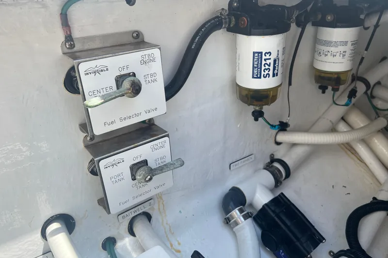  Yacht Photos Pics Fuel selector valves and filters on a 2018 Invincible 36 Open Fisherman boat.
