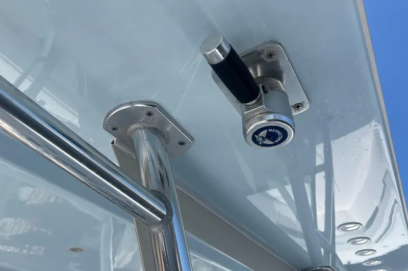  Yacht Photos Pics Close-up of a 2018 Invincible 36 Open Fisherman boat's stainless steel rod holder.