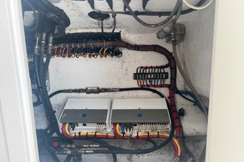  Yacht Photos Pics Electrical wiring and components inside a 2018 Invincible 36 Open Fisherman boat.