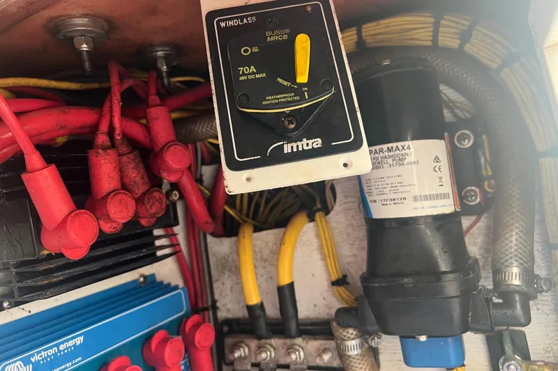  Yacht Photos Pics Electrical components and wiring inside a 2018 Invincible 36 Open Fisherman boat.