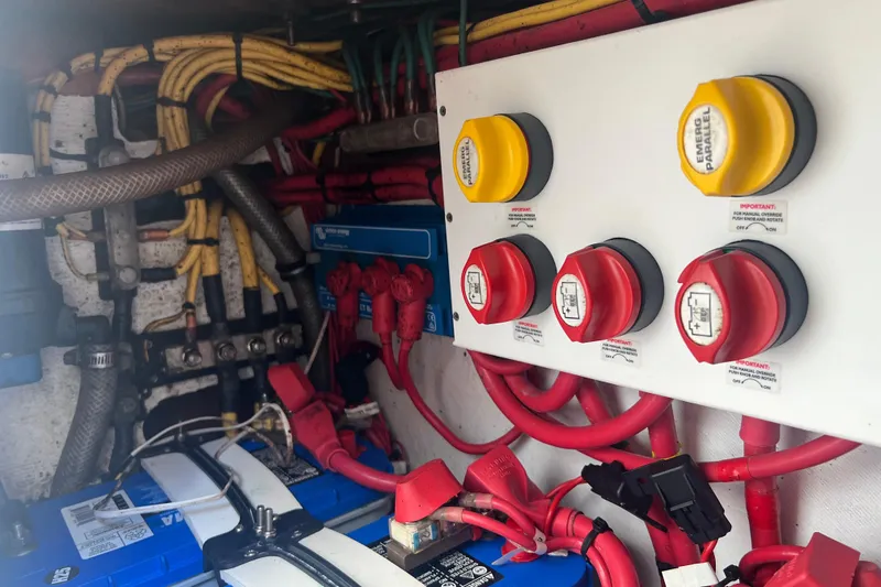  Yacht Photos Pics Electrical system of a 2018 Invincible 36 Open Fisherman boat, featuring wiring and switches.