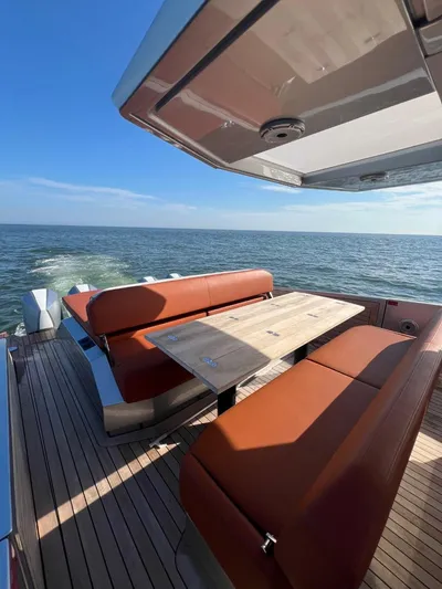 Argento Yacht Photos Pics Luxury seating area on 2023 Wally 48 X yacht with ocean view.