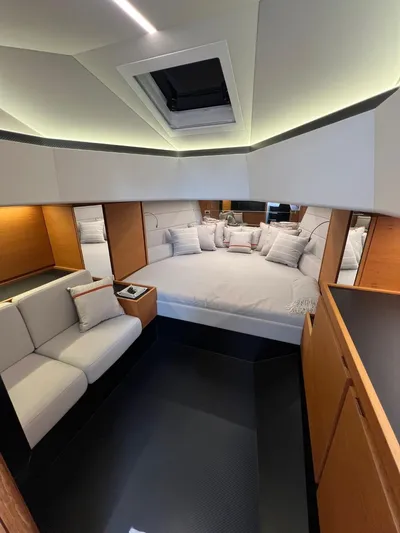 Argento Yacht Photos Pics Luxurious interior of 2023 Wally 48 X yacht with modern design and cozy seating.