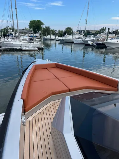 Argento Yacht Photos Pics Luxury Wally 48 X yacht with cushioned deck, docked in marina, 2023 model.