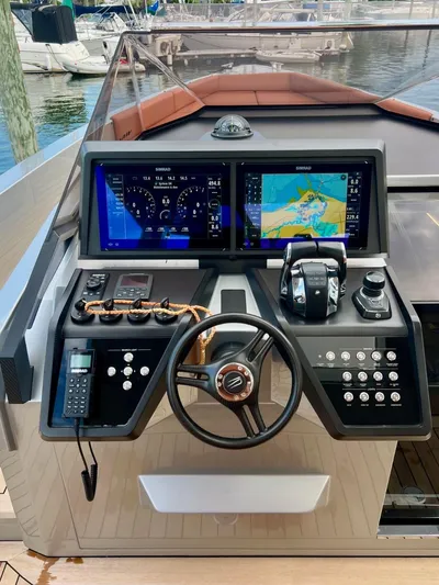 Argento Yacht Photos Pics Helm of 2023 Wally 48 X yacht with advanced navigation displays and controls.