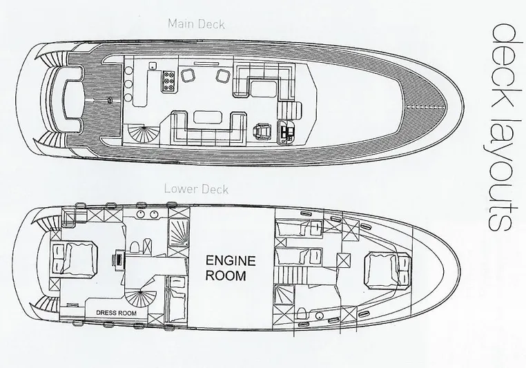 Timeless Yacht Photos Pics Deck layout of 2009 Van der Heijden Superior 2000 yacht, showing main and lower decks.