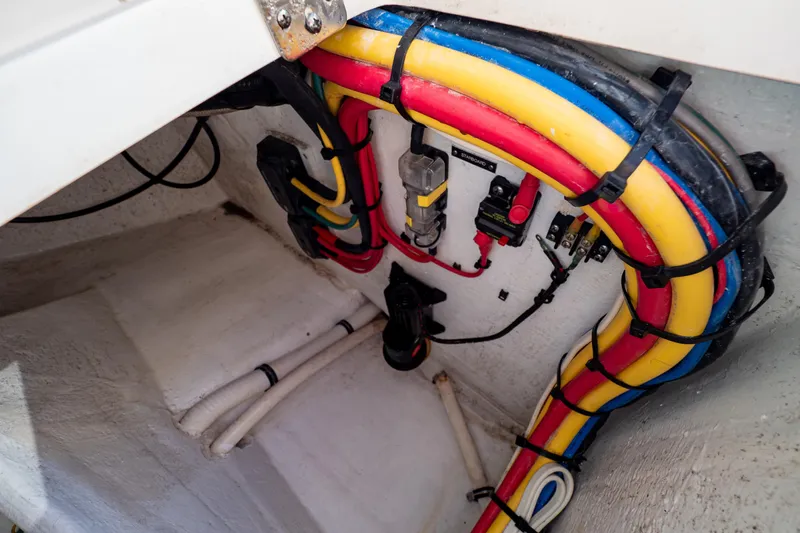  Yacht Photos Pics Colorful wiring in the engine compartment of a 2018 Intrepid 475 Sport Yacht.