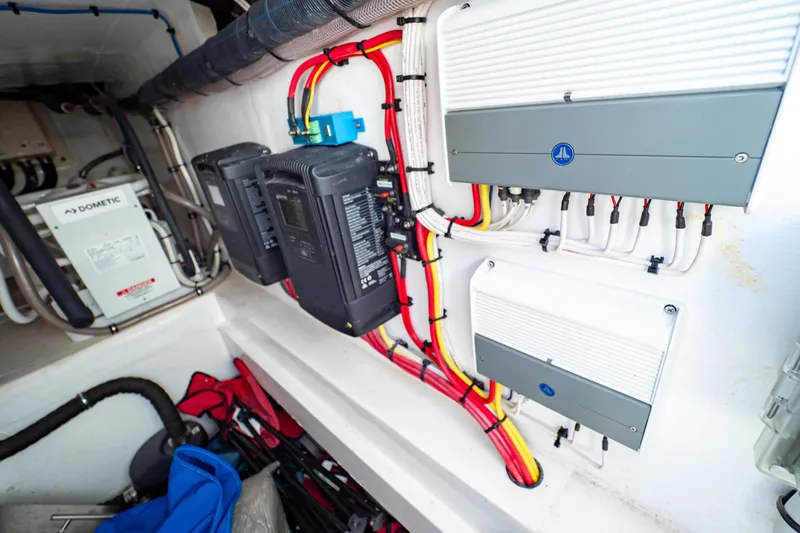  Yacht Photos Pics Electrical system of a 2018 Intrepid 475 Sport Yacht, showcasing wiring and components.