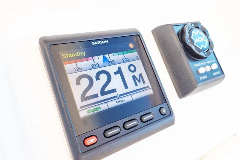 Yacht Photos Pics Garmin navigation display on 2018 Intrepid 475 Sport Yacht, showing heading of 221 degrees.