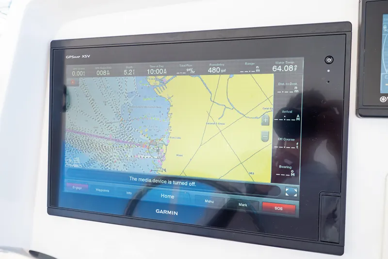  Yacht Photos Pics Garmin GPS display on 2018 Intrepid 475 Sport Yacht, showing navigation map and data.