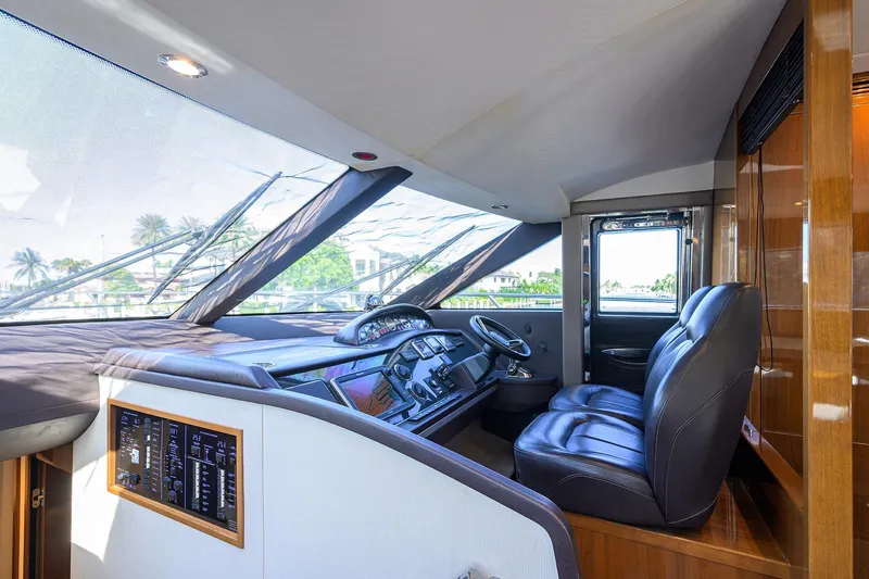 Tight Squeeze Yacht Photos Pics Luxurious 2016 Princess F64 yacht helm with leather seating and modern controls.