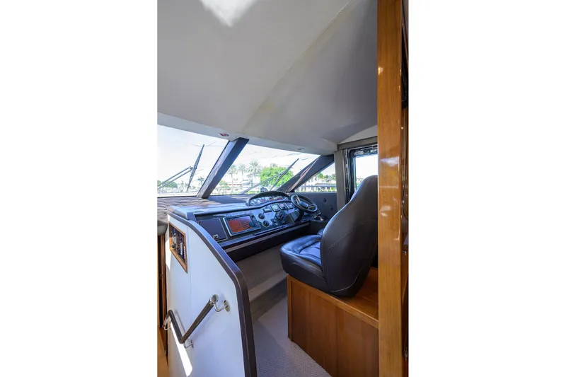 Tight Squeeze Yacht Photos Pics Interior helm of 2016 Princess F64 yacht with leather seat and control panel.