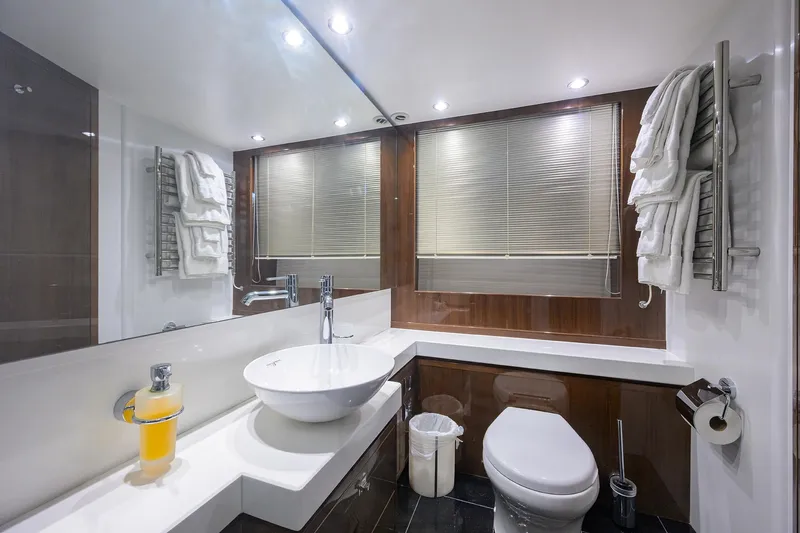 Tight Squeeze Yacht Photos Pics Luxurious yacht bathroom with modern fixtures, Princess F64, 2016 model.