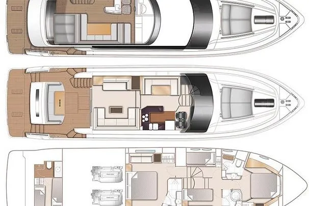 Tight Squeeze Yacht Photos Pics Deck layout of 2016 Princess F64 yacht, showcasing interior and exterior design.