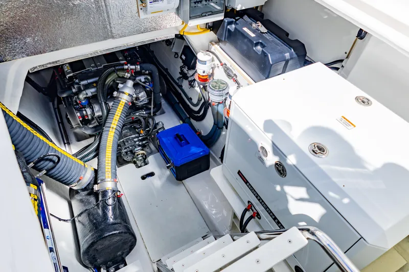 Mabinti Yacht Photos Pics Engine room of 2024 Leopard 40 Powercat, showcasing mechanical components and equipment.