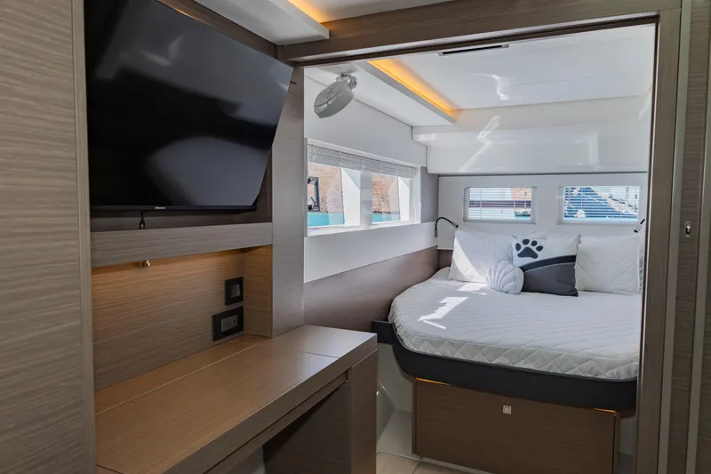 Mabinti Yacht Photos Pics Luxurious cabin interior of 2024 Leopard 40 Powercat with modern amenities and stylish design.