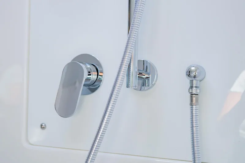 Mabinti Yacht Photos Pics Chrome shower fixtures on 2024 Leopard 40 Powercat yacht.