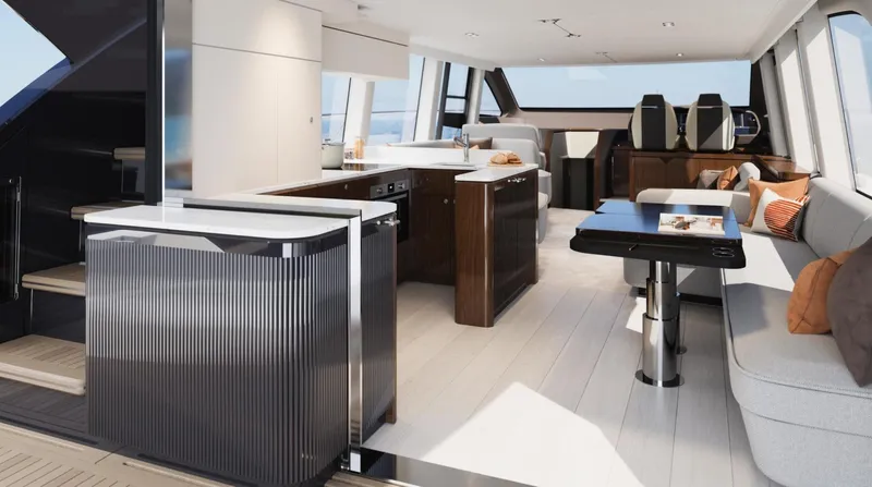  Yacht Photos Pics Luxurious interior of 2026 Fairline Squadron 68 yacht with modern kitchen and seating area.