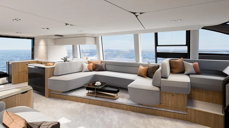  Yacht Photos Pics Luxurious interior of 2026 Fairline Squadron 68 yacht with modern seating and ocean view.