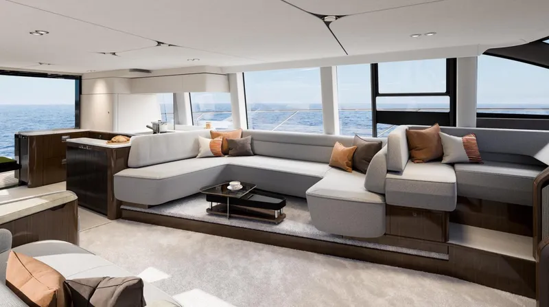  Yacht Photos Pics Luxurious interior of 2026 Fairline Squadron 68 yacht with modern seating and ocean view.