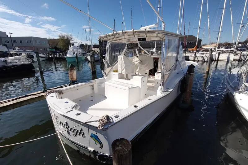 Never Enough Yacht Photos Pics 2017 Out Island SeaTek 36 Express boat docked in a marina under clear blue skies.