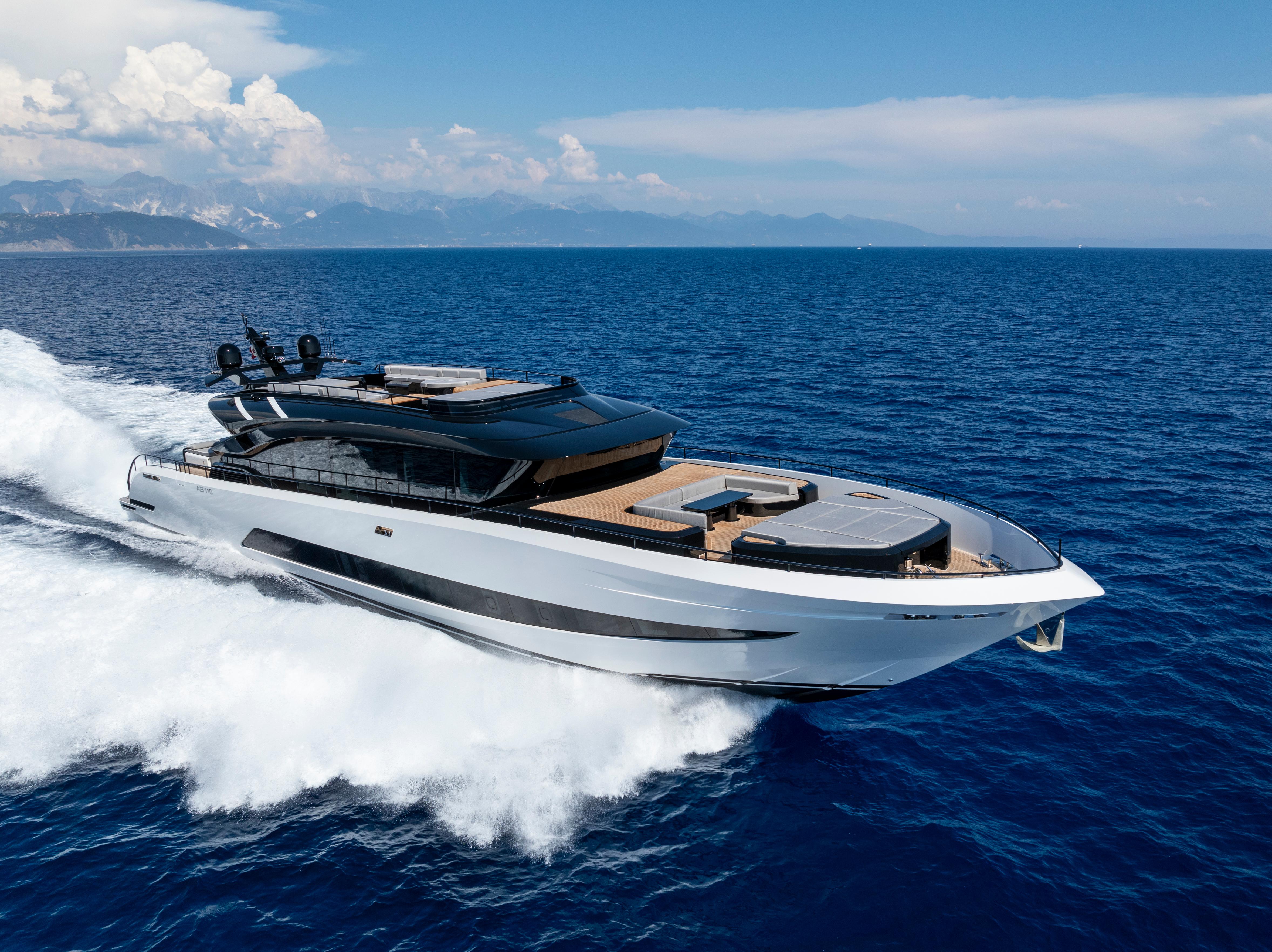 Luxurious 2026 AB 110 yacht cruising on open sea under clear skies.