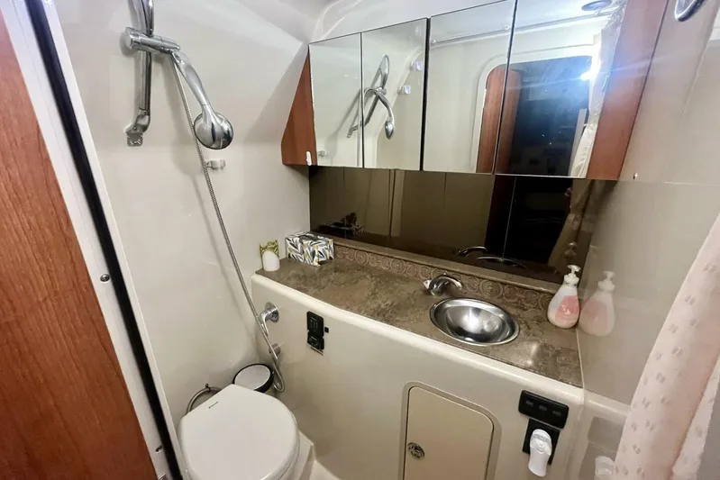  Yacht Photos Pics 2011 Cruisers Yachts 330 Express bathroom with shower, sink, and mirror cabinet.
