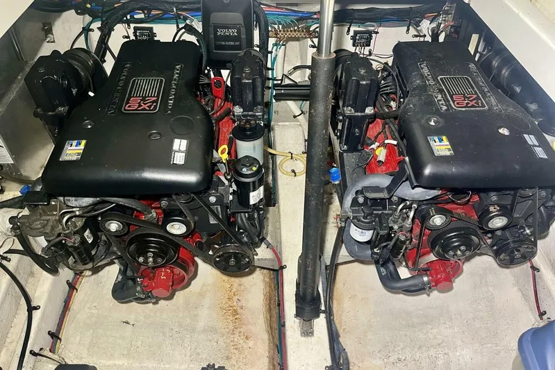  Yacht Photos Pics Engine compartment of a 2011 Cruisers Yachts 330 Express, featuring dual Volvo Penta engines.