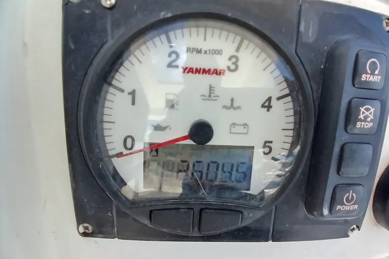 Mere Cat Yacht Photos Pics Yanmar tachometer on 2018 Leopard 45, displaying RPM and engine hours.