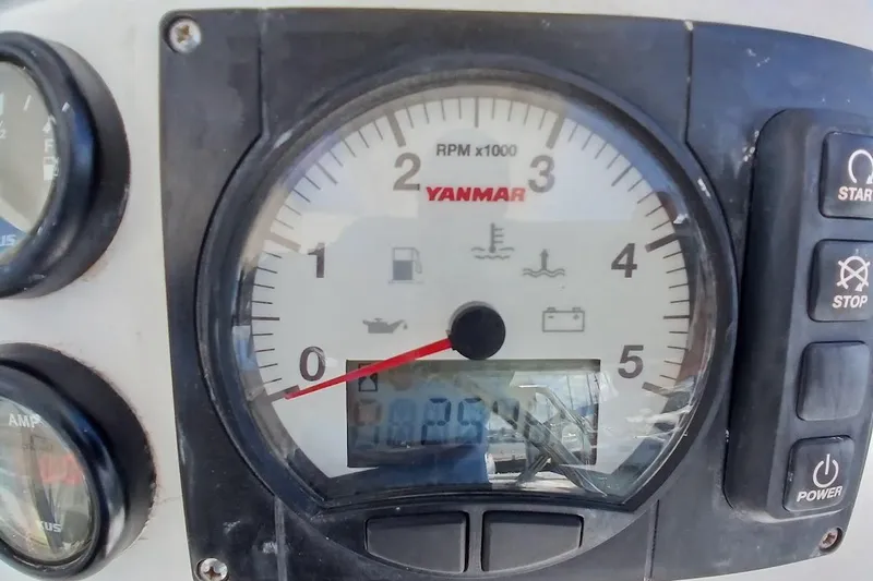 Mere Cat Yacht Photos Pics Yanmar RPM gauge on 2018 Leopard 45 boat dashboard, showing engine indicators.