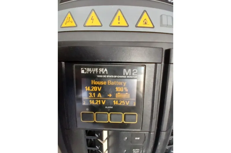 Mere Cat Yacht Photos Pics Blue Sea Systems battery monitor displaying 14.20V, 100% charge on Leopard 45, 2018 model.