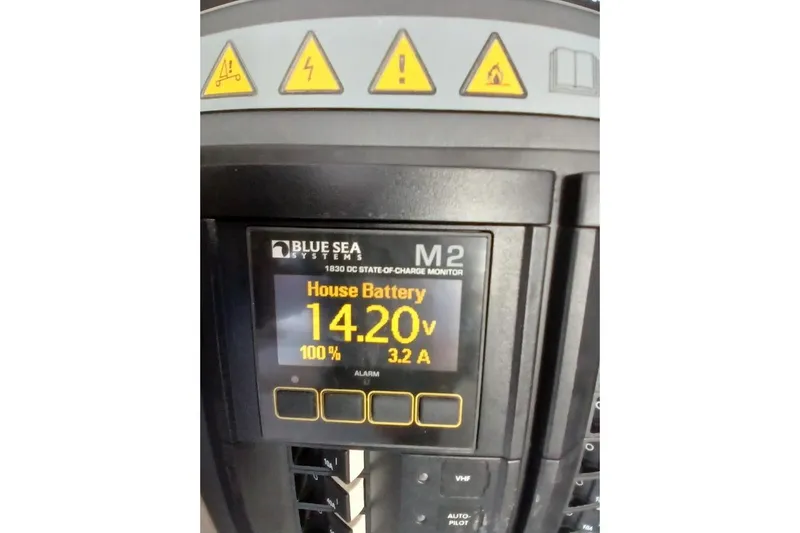 Mere Cat Yacht Photos Pics Blue Sea Systems battery monitor displaying 14.20 volts on Leopard 45, 2018 model.