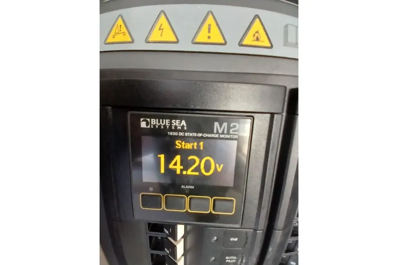 Mere Cat Yacht Photos Pics Blue Sea Systems M2 monitor displaying 14.20 volts on Leopard 45, 2018 model.