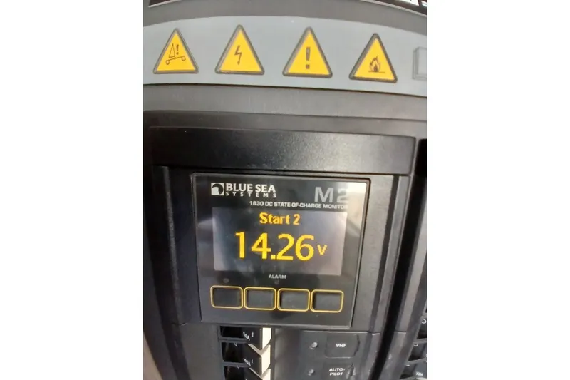 Mere Cat Yacht Photos Pics Blue Sea Systems M2 monitor displaying 14.26 volts on Leopard 45, 2018 model.