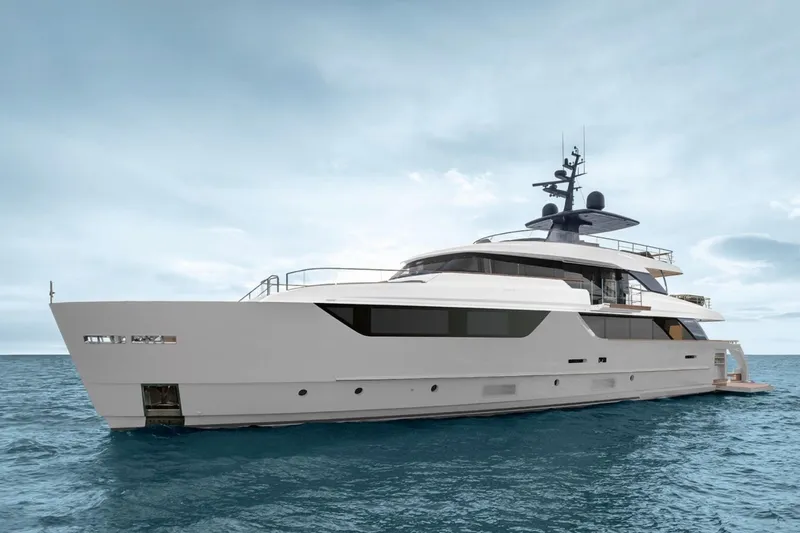  Yacht Photos Pics Luxury Sanlorenzo SD118 yacht, 2027 model, cruising on open sea under clear sky.