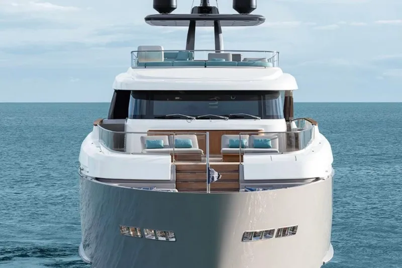 Yacht Photos Pics Front view of 2027 Sanlorenzo SD118 yacht on open sea.
