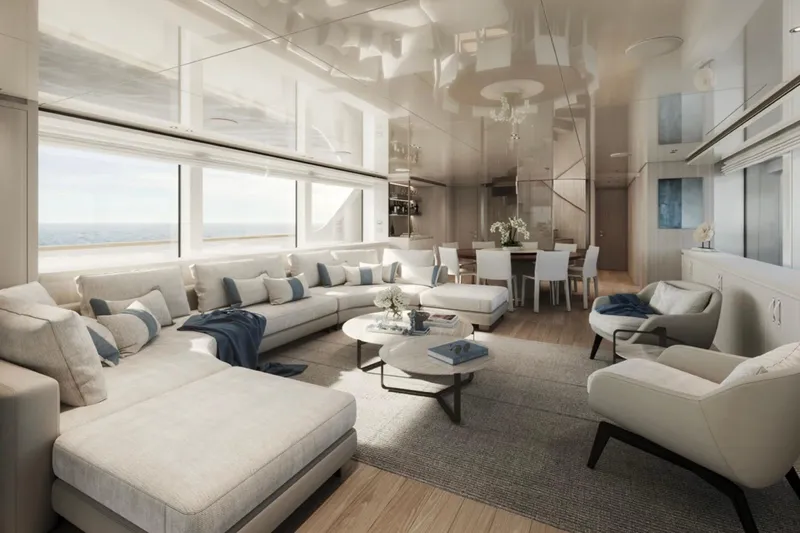  Yacht Photos Pics Luxurious interior of 2027 Sanlorenzo SD118 yacht with elegant seating and dining area.