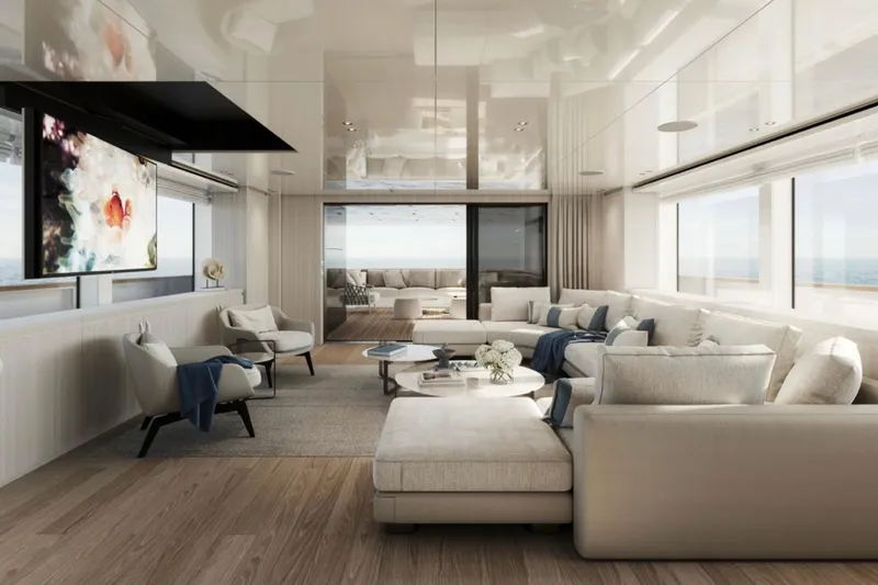  Yacht Photos Pics Luxurious interior of 2027 Sanlorenzo SD118 yacht with modern furnishings and ocean view.