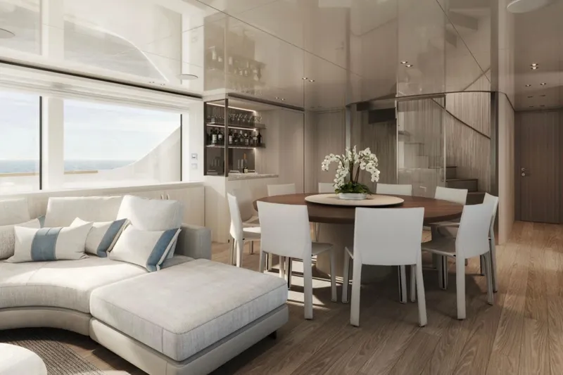  Yacht Photos Pics Luxurious interior of 2027 Sanlorenzo SD118 yacht with elegant dining area and modern decor.