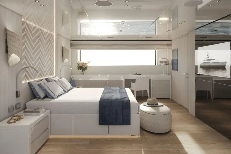  Yacht Photos Pics Luxurious bedroom interior on 2027 Sanlorenzo SD118 yacht, featuring elegant decor and ocean view.