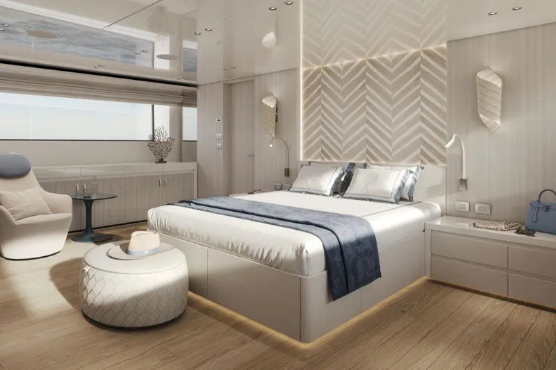  Yacht Photos Pics Luxurious bedroom interior of 2027 Sanlorenzo SD118 yacht with modern design and elegant decor.